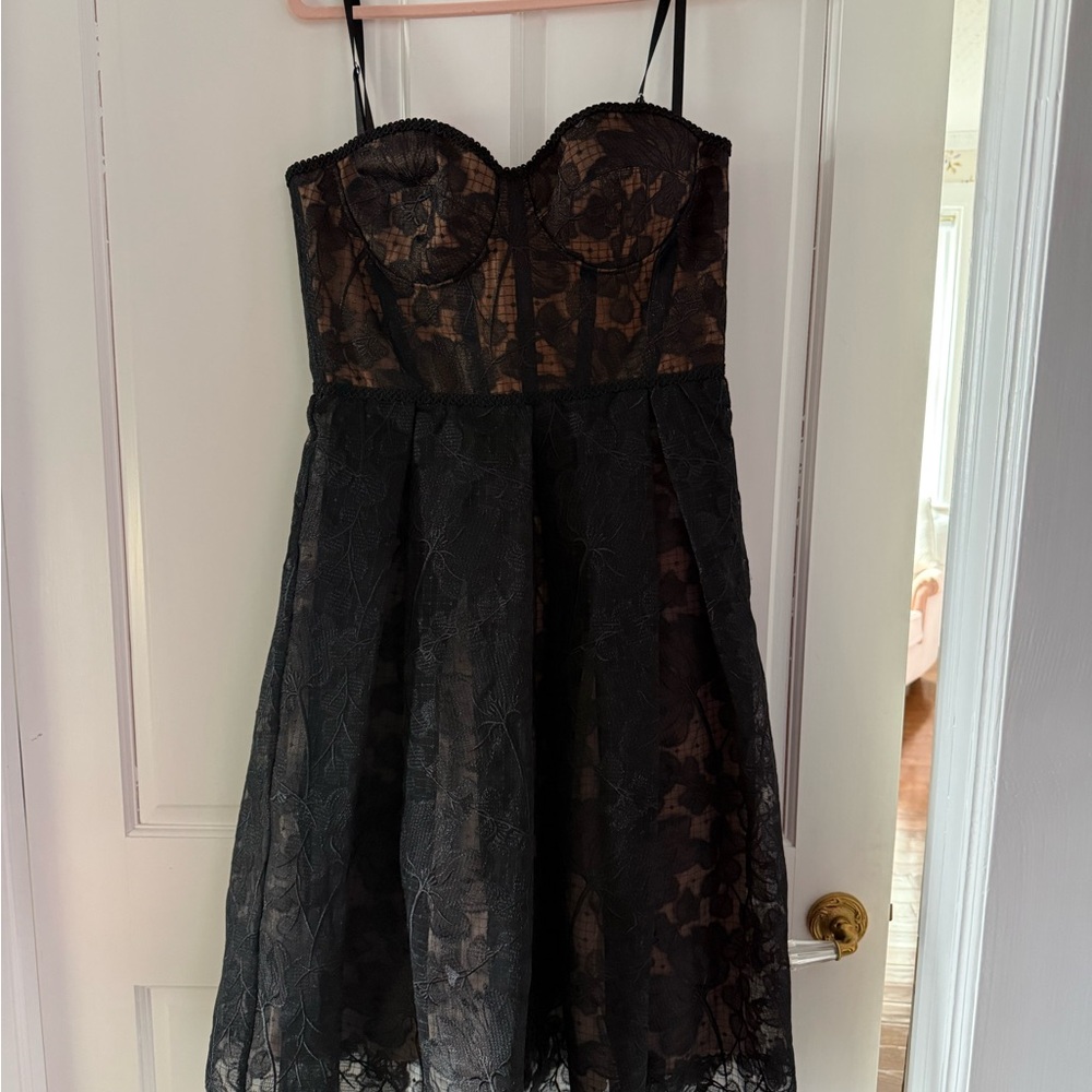 NADINE MERABI Olivia Black Lace Strapless A-Line Midi Dress with Nude Underlay - Picture 8 of 8